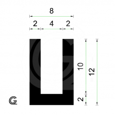 Rubber U Profile | inside size 4 mm | height 12 mm | thickness 2 mm | Per Meter